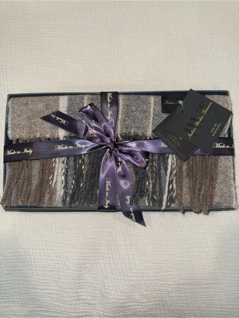 Italian Woollen Treasures Scarf 100% Wool Made in Italy Black Gray Men's Scarf